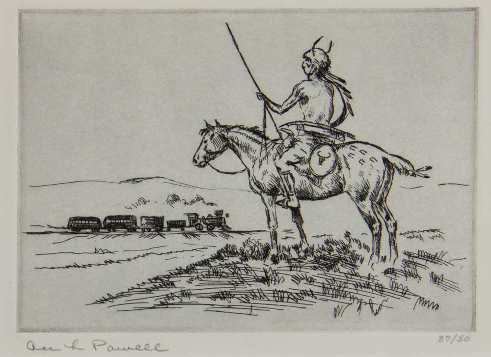 Mounted Indian Man with Train (37/50) 5" x 7" etching by Ace Powell - SOLD